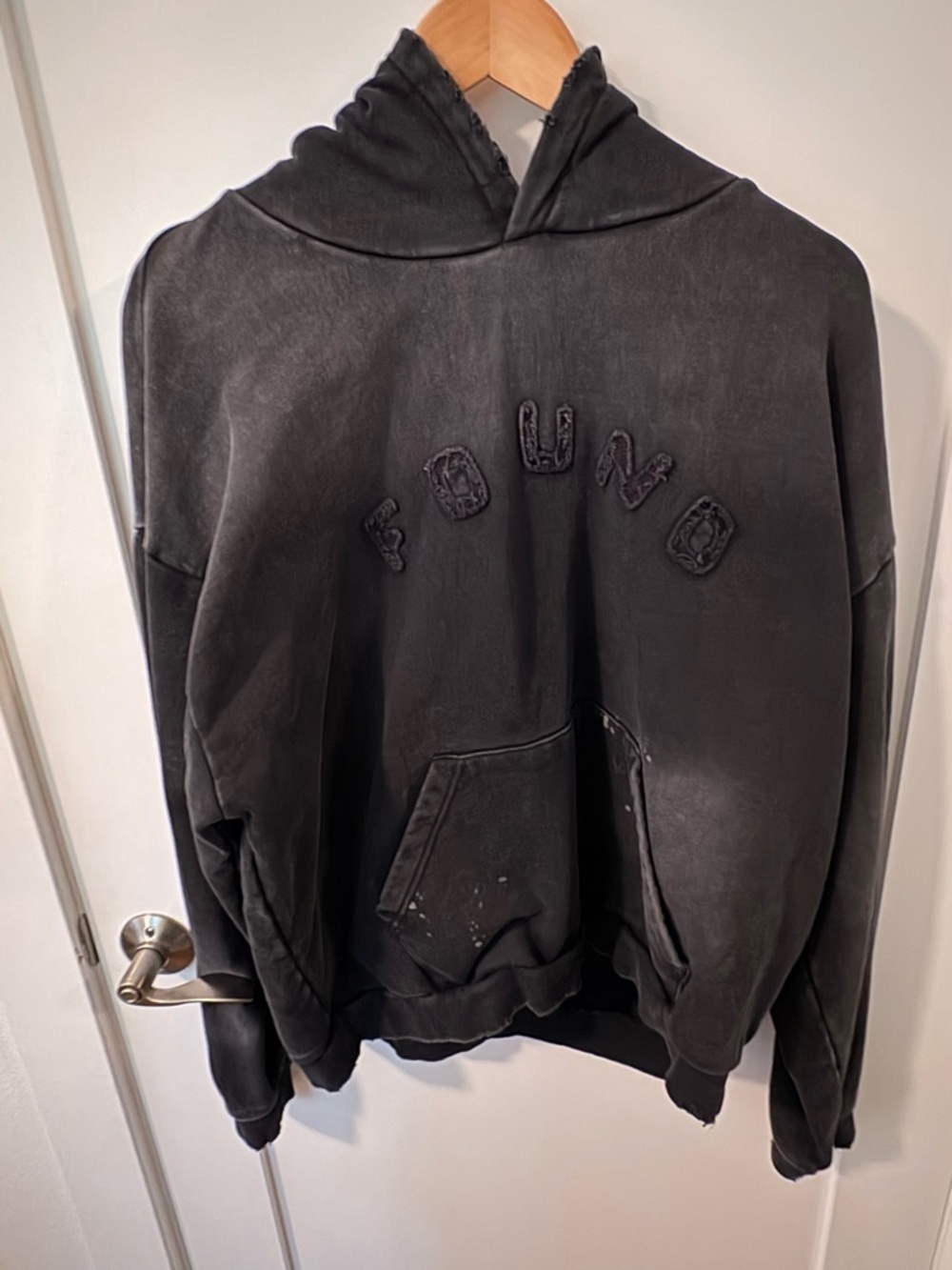 “Found” Brand Black Distressed Hoodie with Raised Applique Letters